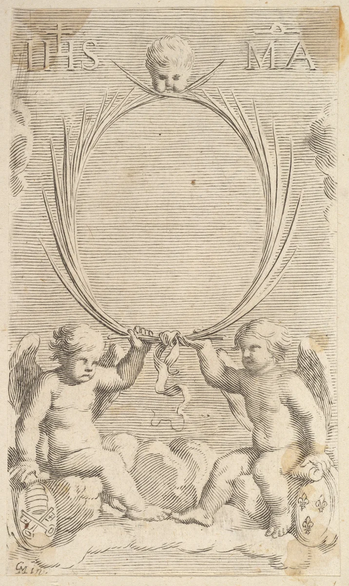 Two Angels Seated on Clouds by Claude Mellan, print, 1600-1688