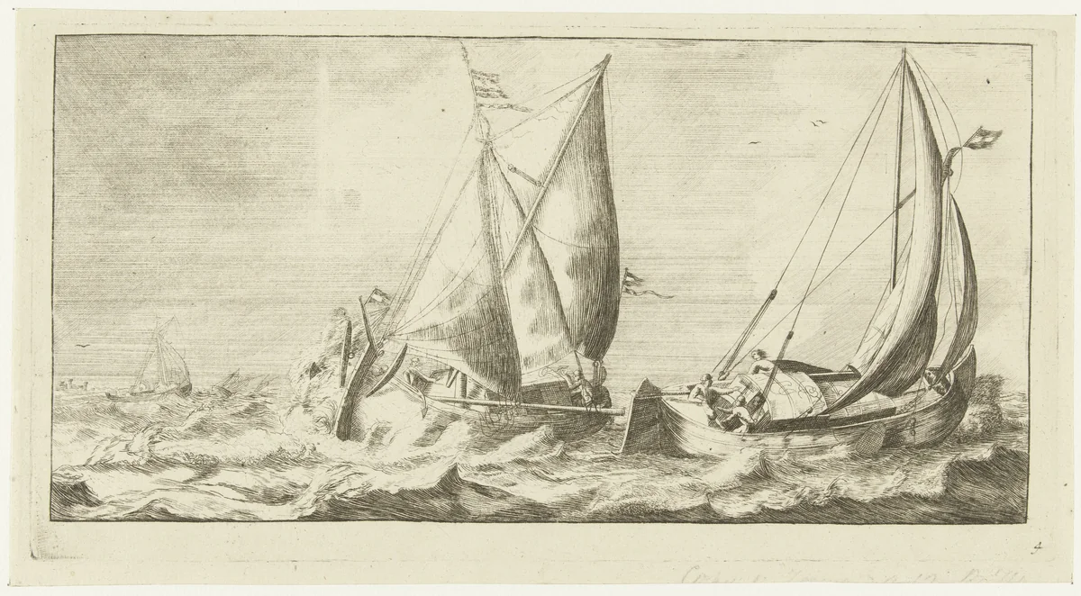 Twee schepen: een ijzeren varken en een waterschip by anonymous, print, 1730-1760