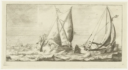 Twee schepen: een ijzeren varken en een waterschip by anonymous, print, 1730-1760