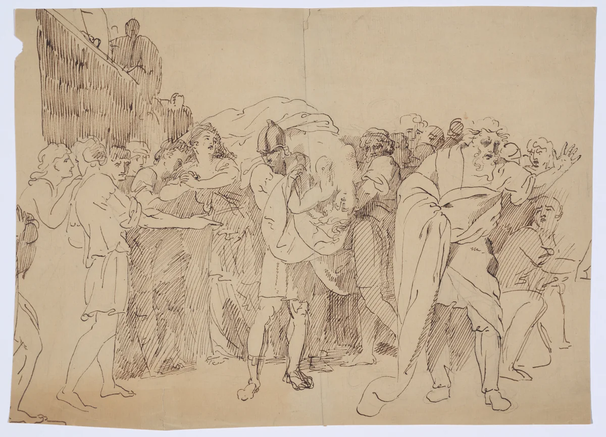Lucretia's Dead Body is Carried by her Husband, Led by her Mourning Father by John Hamilton Mortimer, drawing, 1770-1779