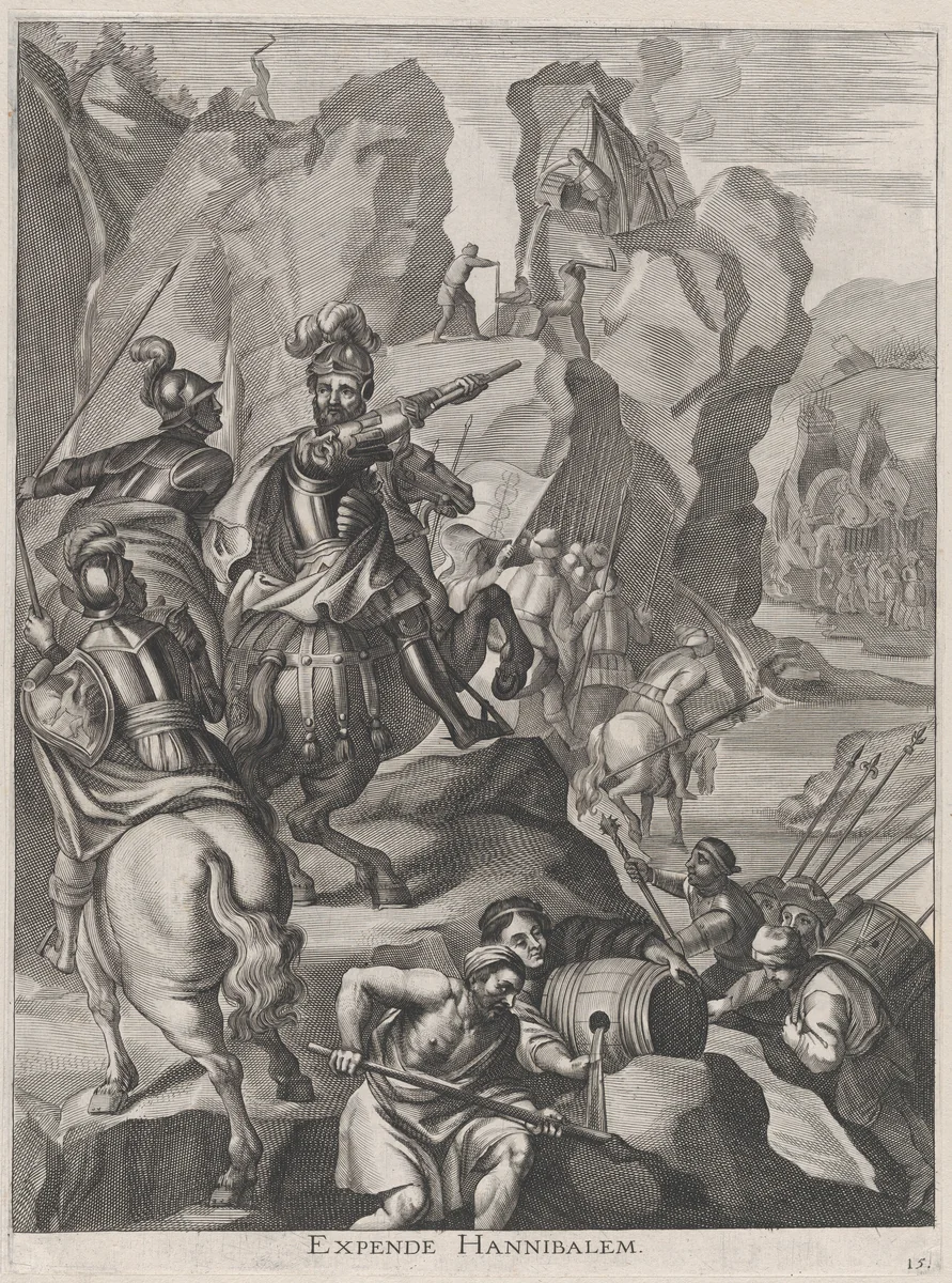 Plate 15: Ferdinand as Hannibal crossing the Alps; from Guillielmus Becanus's 'Serenissimi Principis Ferdinandi, Hispaniarum Infantis...' by Johannes Meursius, print, 1636