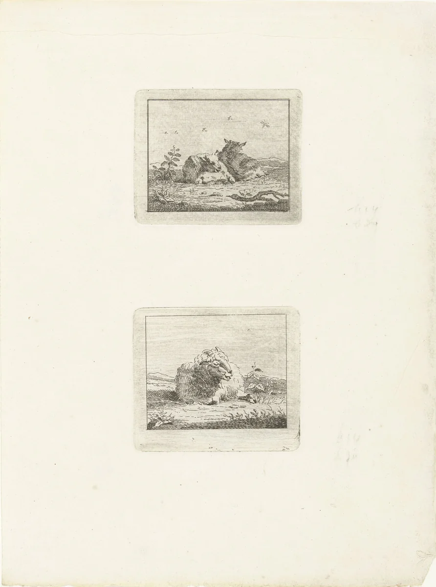 Twee voorstellingen met schapen by Jan Matthias Cok, print, 1735-1771