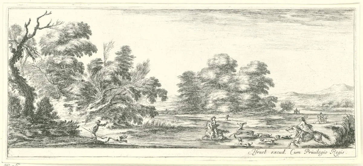 Landschap met hertenjacht by Stefano della Bella, print, 1620-1664