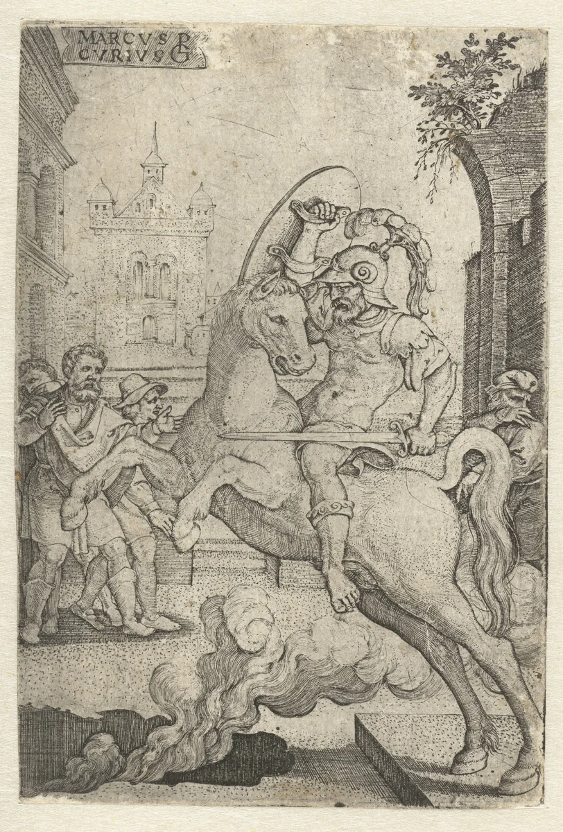 Marcus Curtius stort zich in een kloof by Unknown, print, 1535