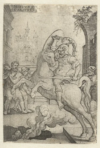 Marcus Curtius stort zich in een kloof by Unknown, print, 1535