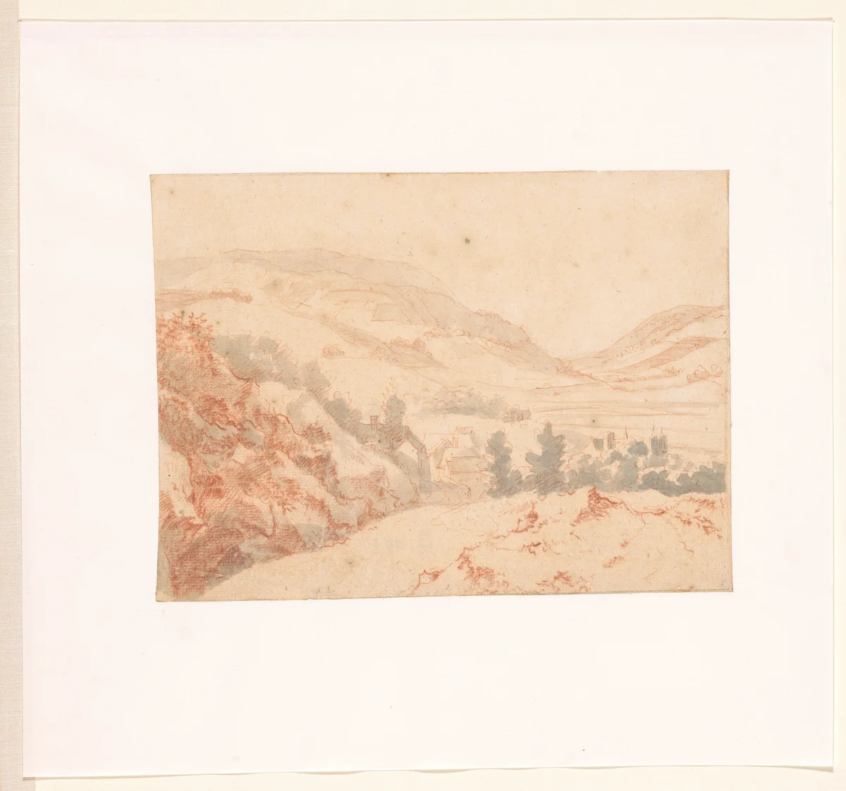 Heuvellandschap met gezicht op een dorpje by Jan Griffier, drawing, 1655-1718