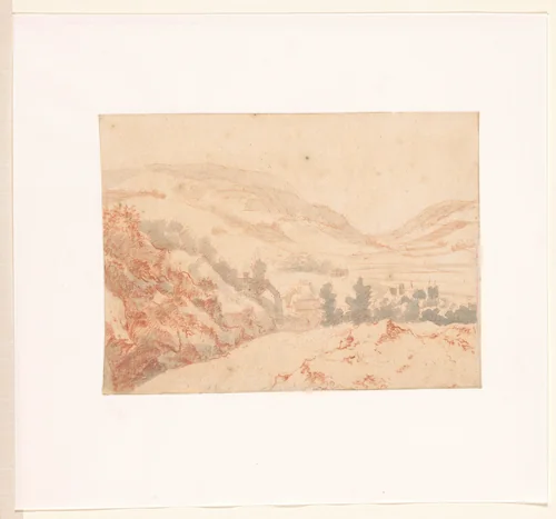 Heuvellandschap met gezicht op een dorpje by Jan Griffier, drawing, 1655-1718
