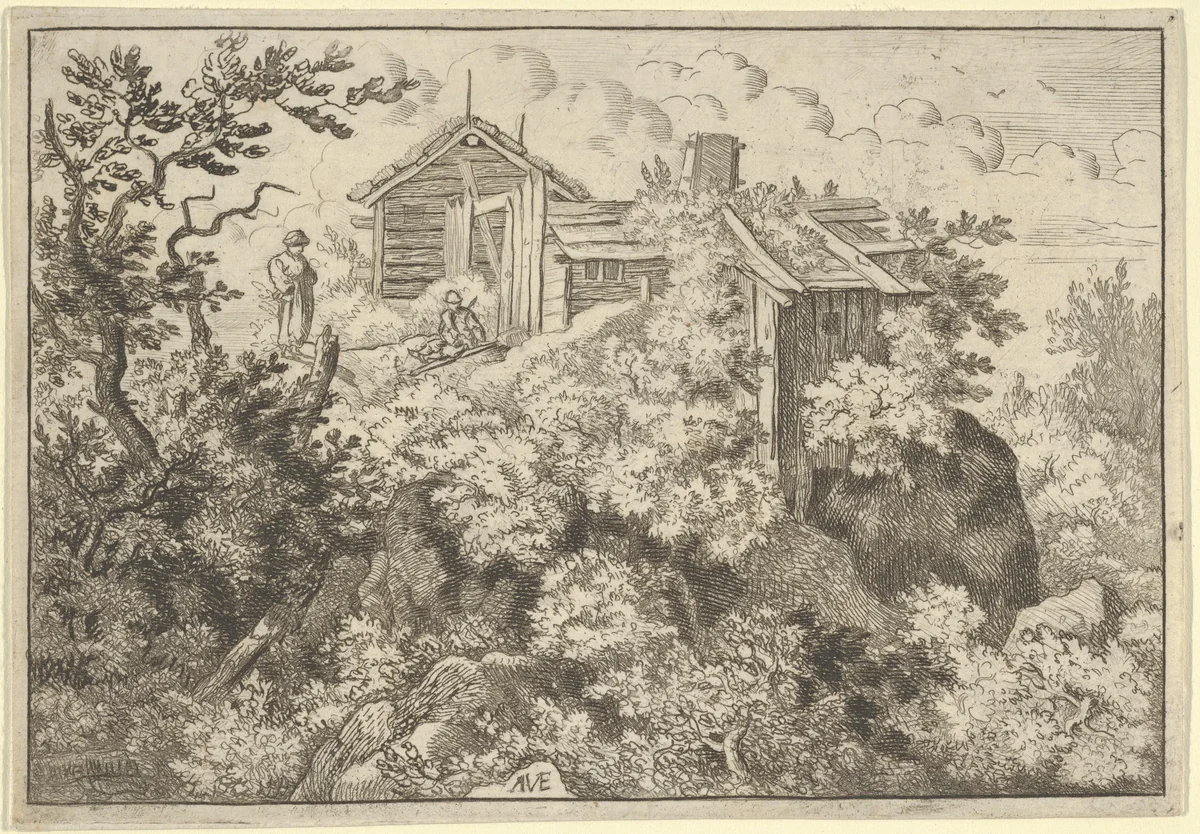 The Three Cottages on the Hill by Allart van Everdingen, print, 1621-1675