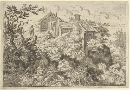 The Three Cottages on the Hill by Allart van Everdingen, print, 1621-1675