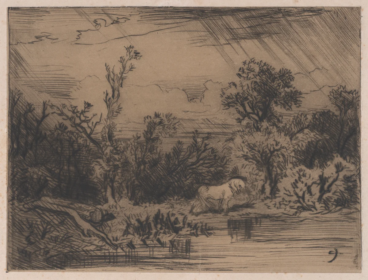 Landscape with Thunderstorm by Charles Jacque, print, 1848