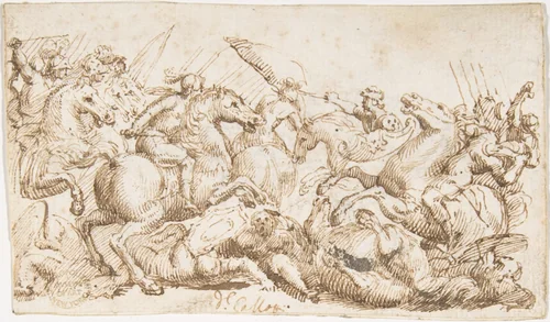 Cavalry Engagement by Francesco Allegrini, drawing, 1624-1663
