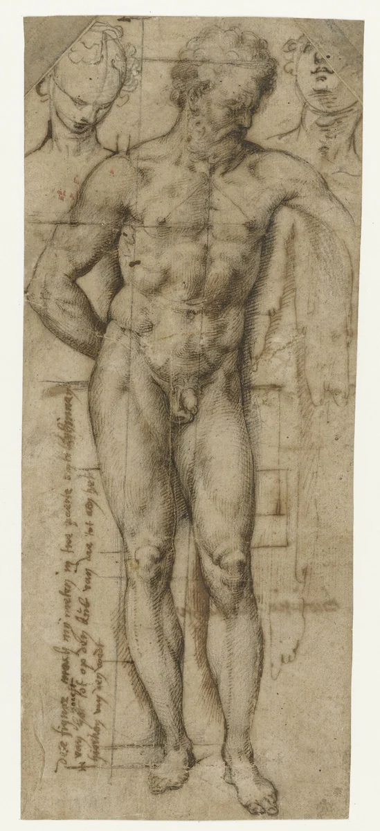 Studie van een naakte man (Hercules?) en twee hoofden van vrouwen by Denys Calvaert, drawing, 1573-1576
