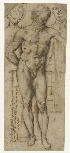 Studie van een naakte man (Hercules?) en twee hoofden van vrouwen by Denys Calvaert, drawing, 1573-1576