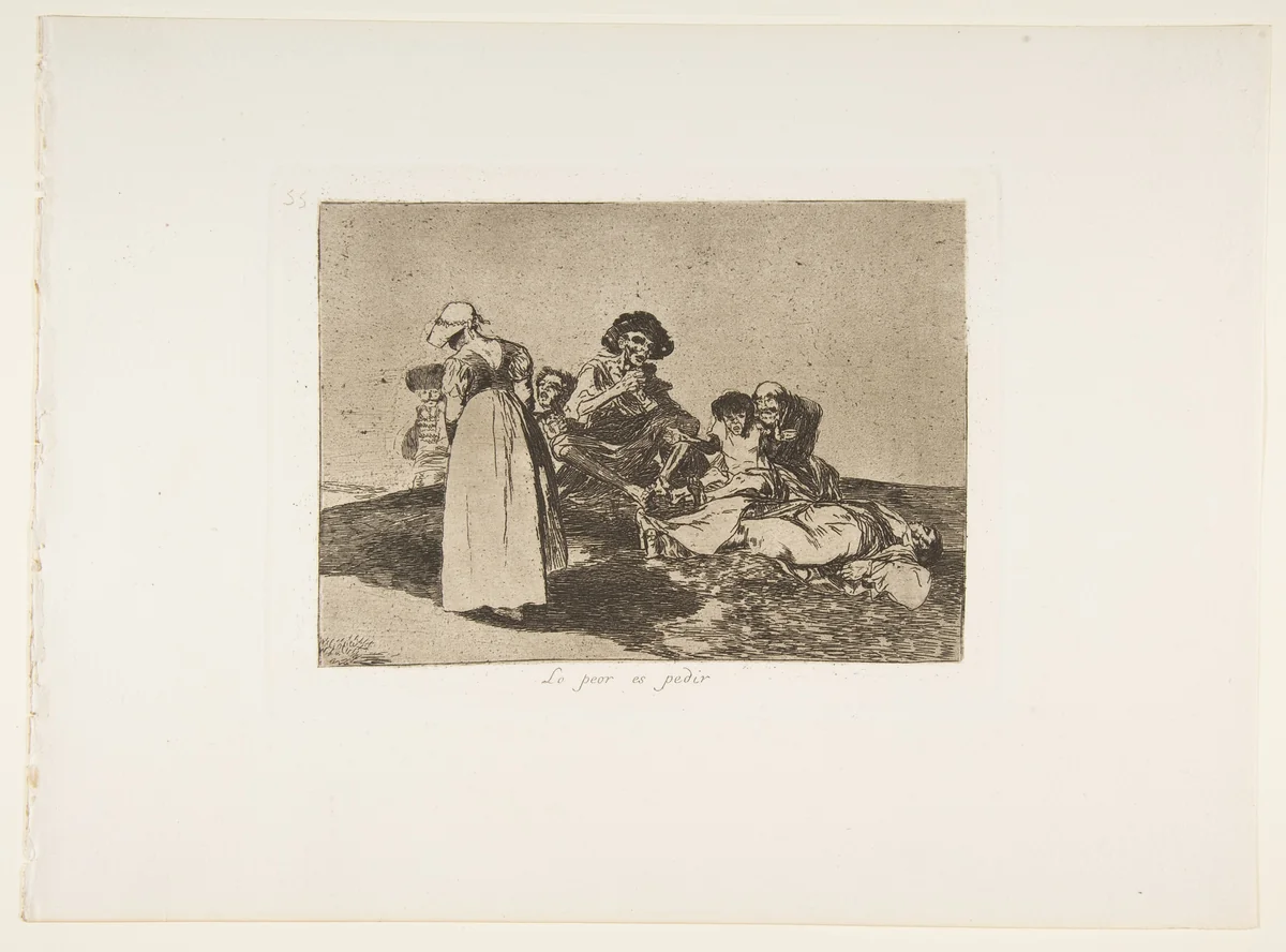 Plate 55 from "The Disasters of War" (Los Desastres de la Guerra): 'The worst is to beg' (Lo peor es pedir) by Goya, print, 1863