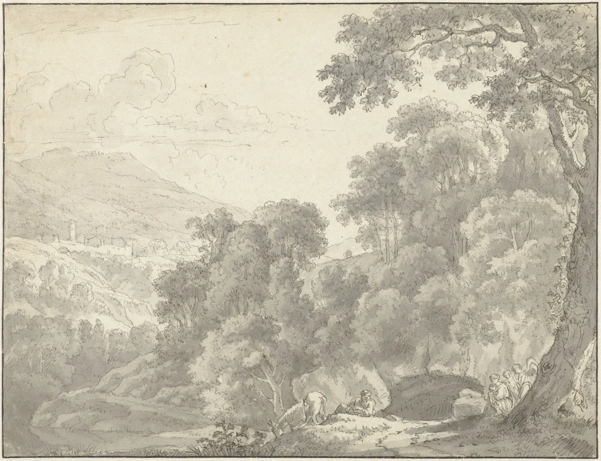Landschap met de rust op de vlucht naar Egypte by anonymous, drawing, 1610-1705