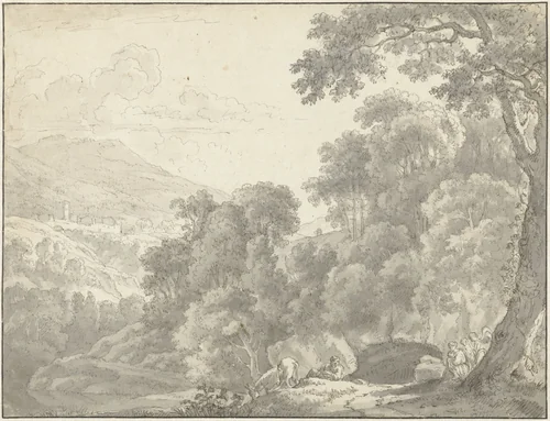 Landschap met de rust op de vlucht naar Egypte by anonymous, drawing, 1610-1705