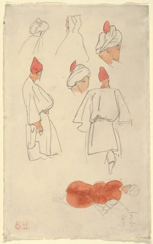 Seven Studies of Moroccan Men's Costume by Eugène Delacroix, drawing, 1832