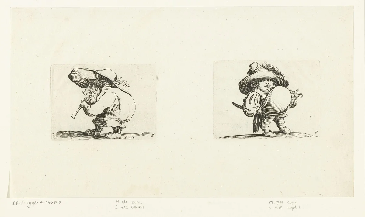 Kleine mens (karikatuur) met fluit (flageolet); kleine mens (karikatuur) met zwaard, een knopenrij op de buik by Abraham Bosse, print, 1621-1676