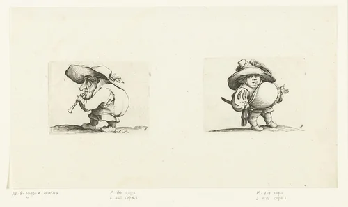 Kleine mens (karikatuur) met fluit (flageolet); kleine mens (karikatuur) met zwaard, een knopenrij op de buik by Abraham Bosse, print, 1621-1676
