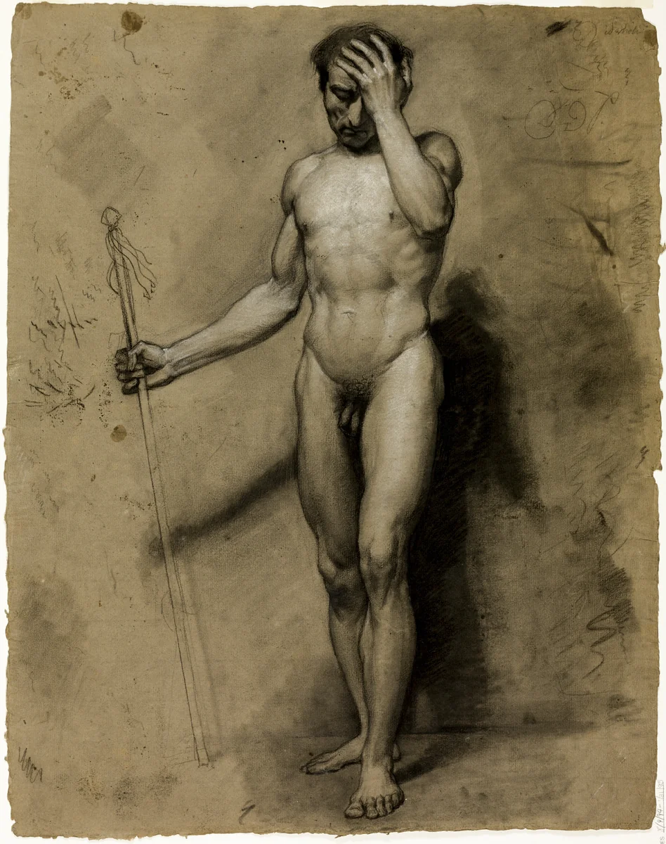 Standing Male Nude (recto); Classical Head (verso) by Paul Émile Detouche, drawing, 1814-1874