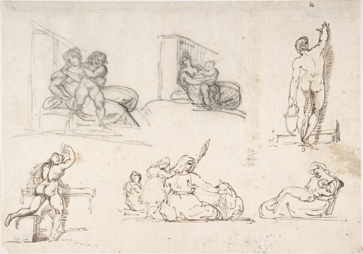 Six Figure Studies, including four for "The Poor Italian Family" by Théodore Gericault, drawing, 1816-1817