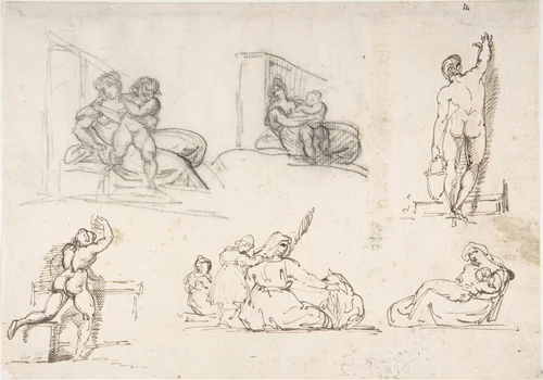 Six Figure Studies, including four for "The Poor Italian Family" by Théodore Gericault, drawing, 1816-1817