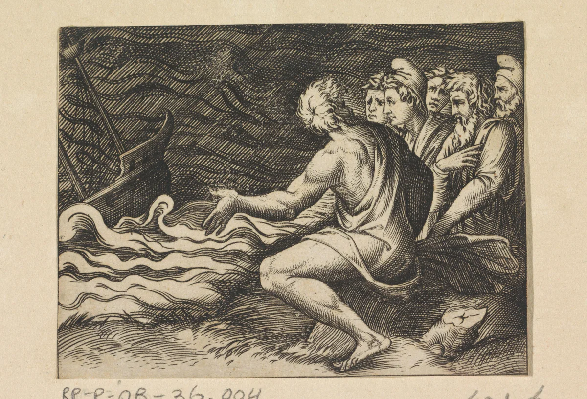 Getuigen van een schipbreuk by Marco Dente, print, 1498-1532