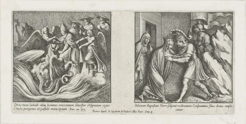Paus Silvester I ketent een draak en Constantijn groet zijn moeder by Pietro Sante Bartoli, print, 1645-1700