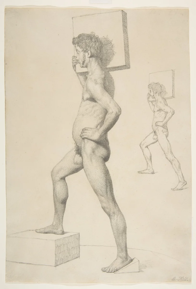 Study of a Male Nude Shouldering a Wooden Block by Christen Købke, drawing, 1827-1837