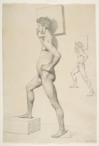 Study of a Male Nude Shouldering a Wooden Block by Christen Købke, drawing, 1827-1837