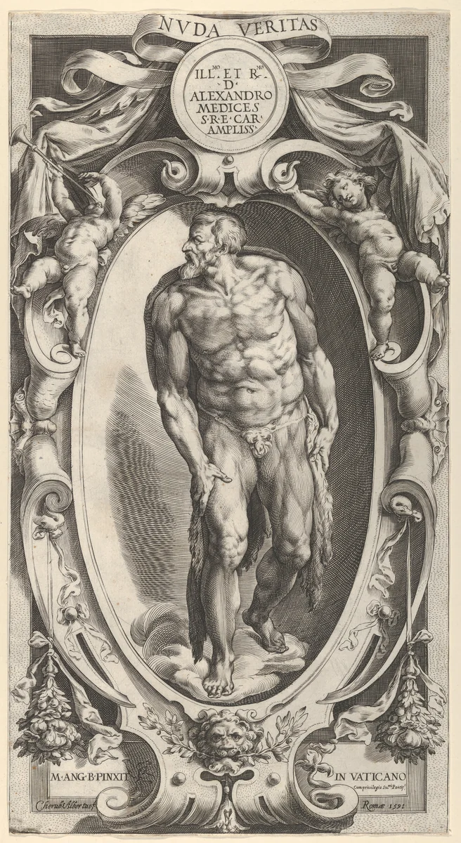 Saint John the Baptist in a decorative border, after Michelangelo's 'The Last Judgment' fresco in the Sistine Chapel by Cherubino Alberti, print, 1591
