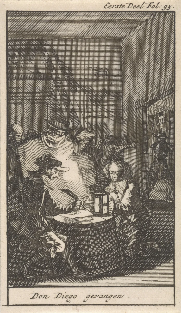 Don Diego wordt gearresteerd by Caspar Luyken, print, 1699