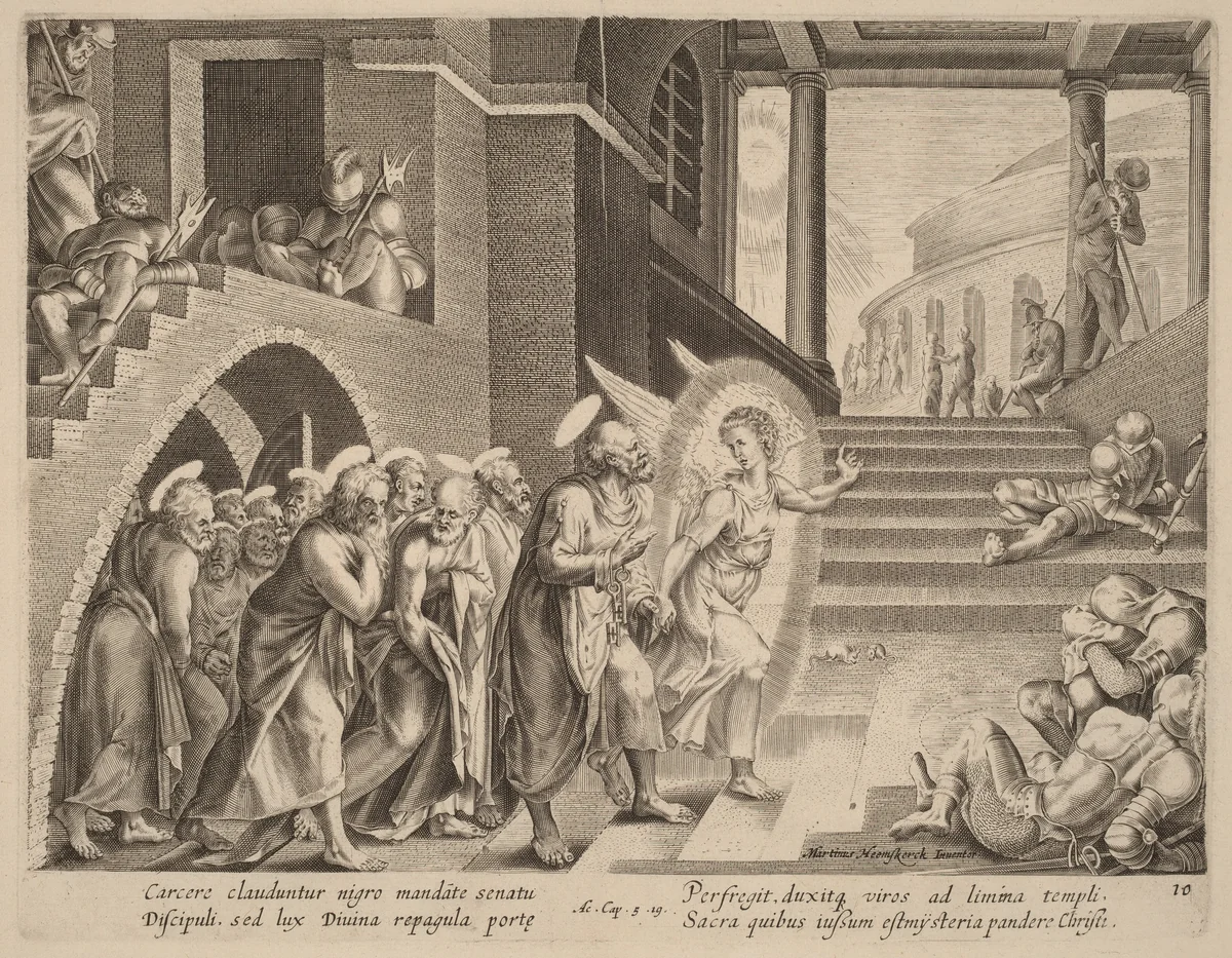 The Apostles Delivered from Prison by an Angel by Philip Galle, print, 1537-1612