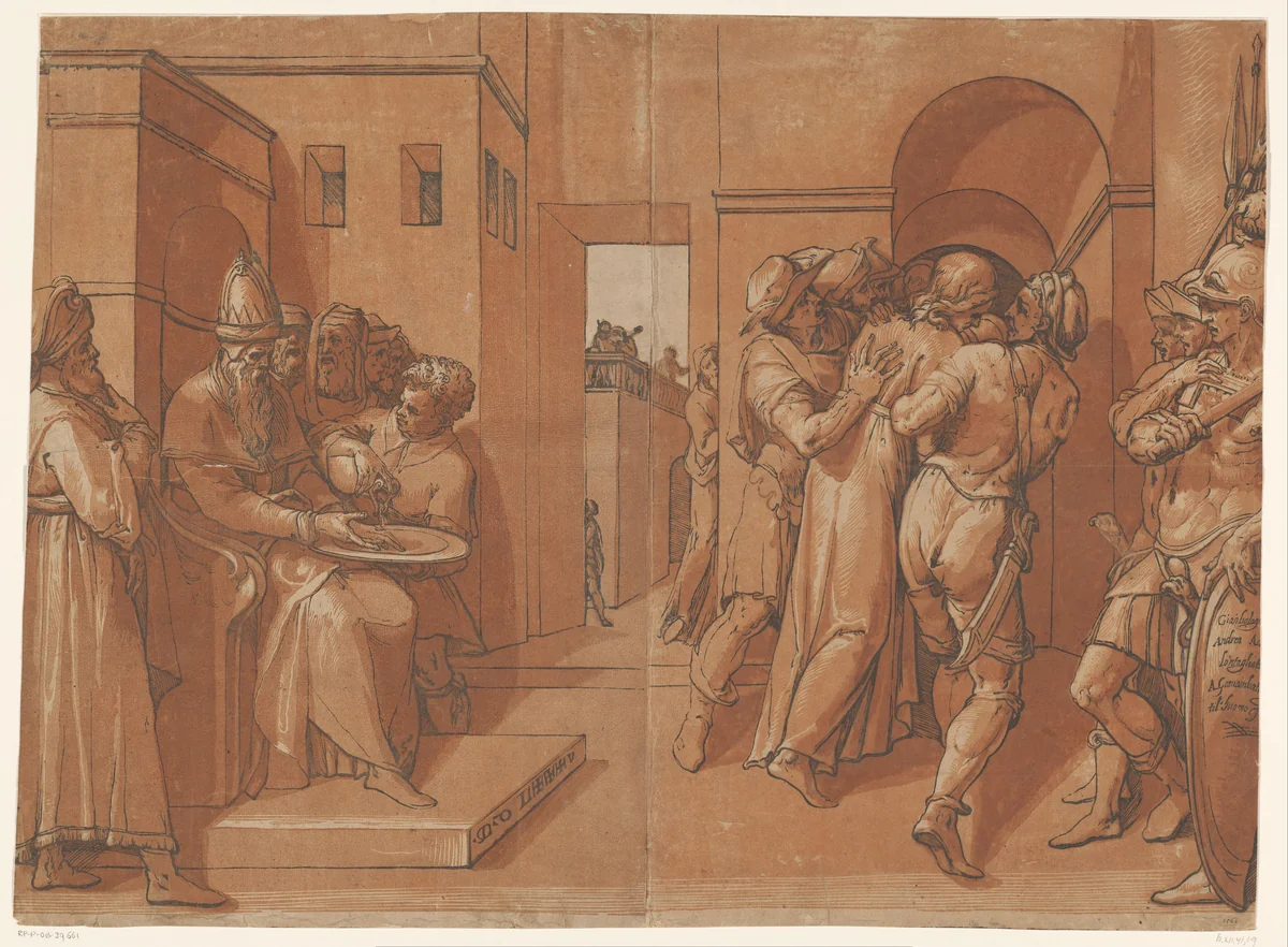 Pilatus wast zijn handen in onschuld by Unknown, print, 1585