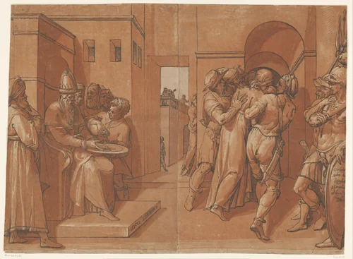 Pilatus wast zijn handen in onschuld by Unknown, print, 1585