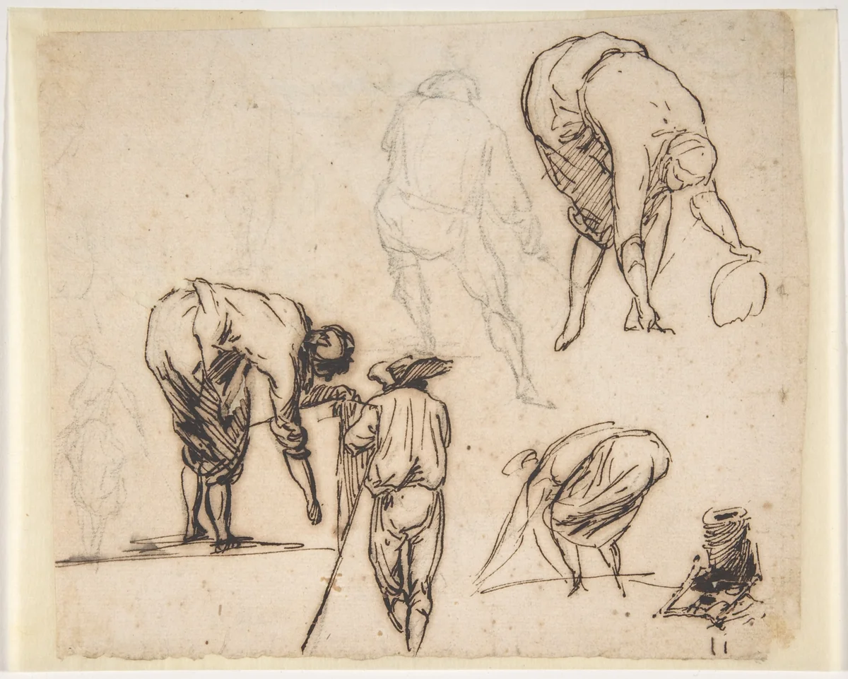 Standing Figure and Figures Bending Over by Micco Spadaro, drawing, 1612-1675