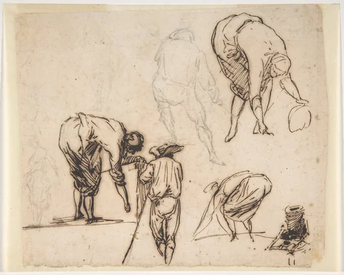 Standing Figure and Figures Bending Over by Micco Spadaro, drawing, 1612-1675