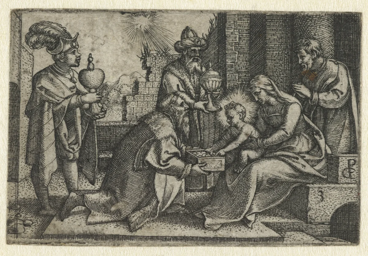 Aanbidding der koningen by Unknown, print, 1534-1535