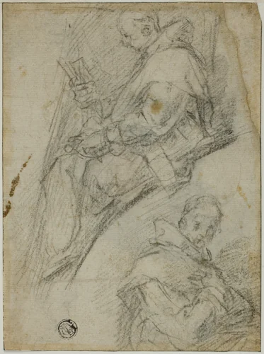 Two Studies of Carthusians (recto); Three Sketches of Heads of Carthusians (verso) by Bernardino Barbatelli, drawing, 1591-1592