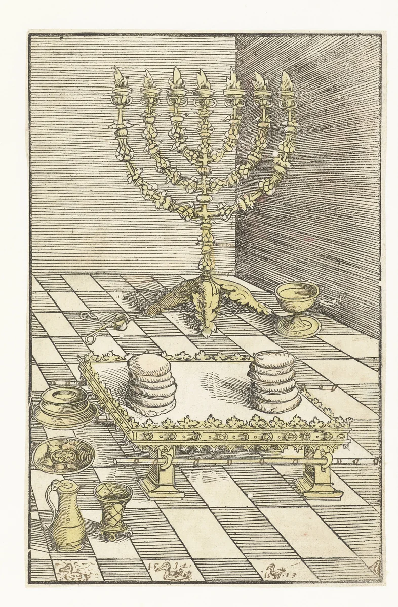Zevenarmige kandelaar en tafel met het toonbrood by Lucas Cranach, print, 1523-1526