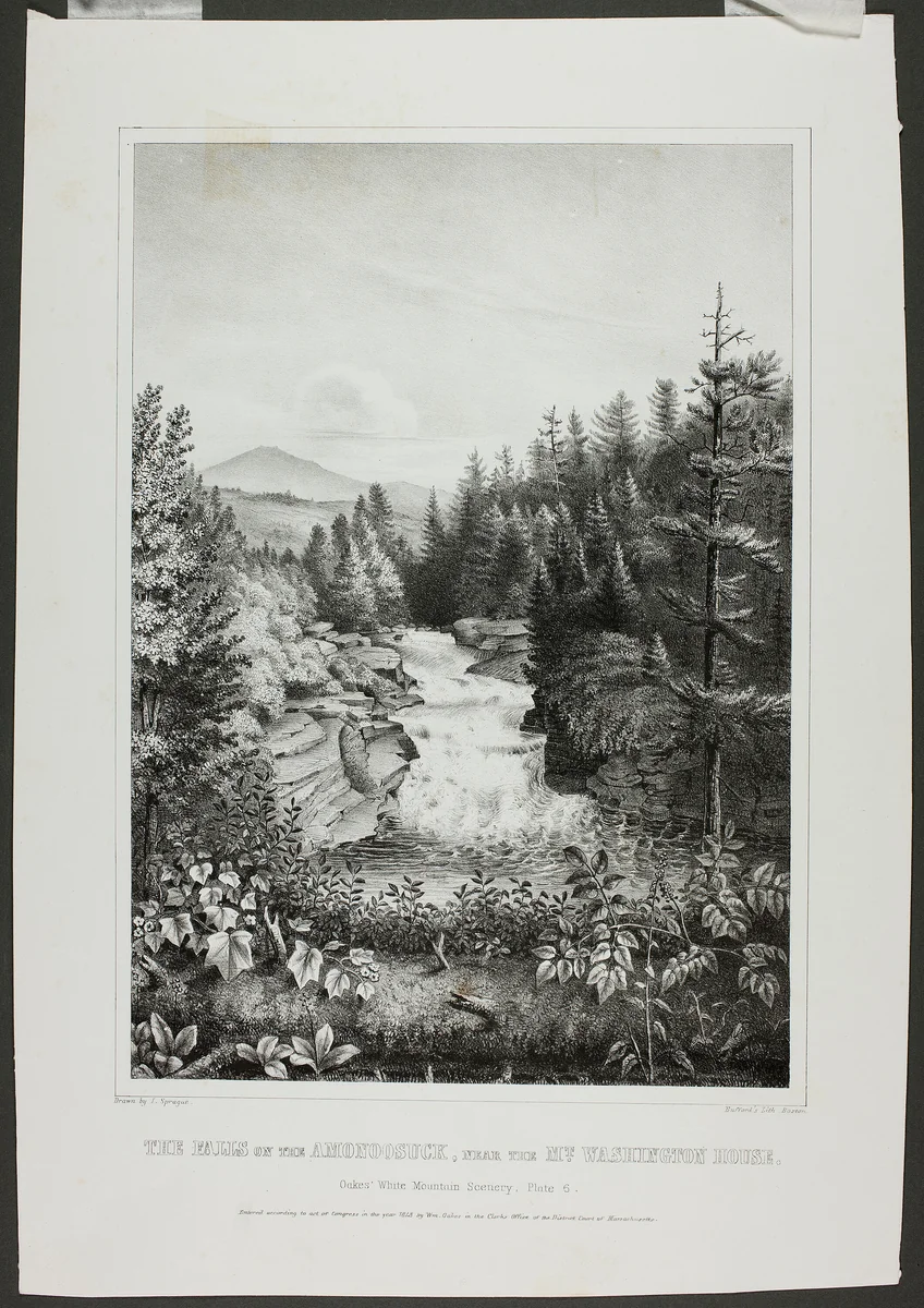 The Falls on the Amonoosuck, near the Mt. Washington House (Oakes' White Mountain Scenery) by I. Sprague, print, 1848