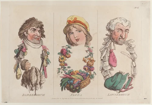 Barberorum, Flora, Lawyerorum by Thomas Rowlandson, print, 1800