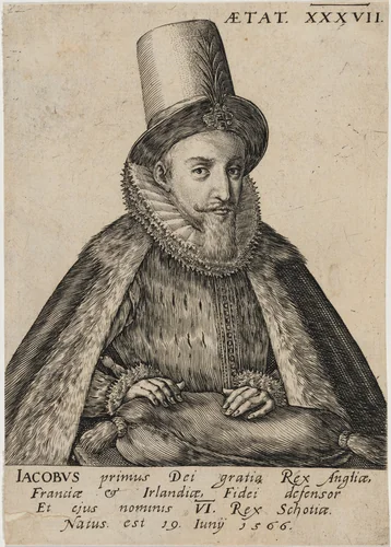 James I as James VI of Scotland by Heinrich Ullrich, print, 1541-1621