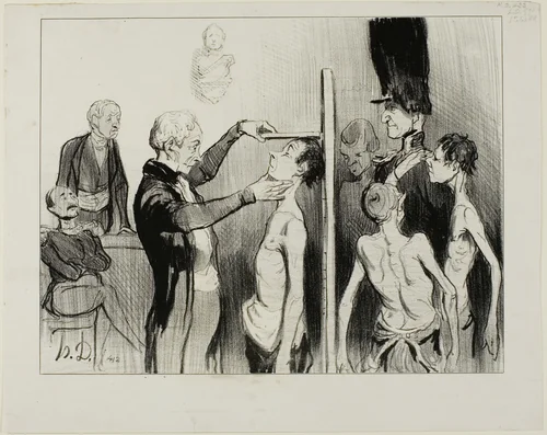 The Recruiting Board. “Isn't it a glorious sight: these noble young Frenchmen full of ardour, strength and elegance ready to defend their honour under the flags of Mars,” plate 35 from Caricatures Du Jour by Honoré-Victorin Daumier, print, 1842