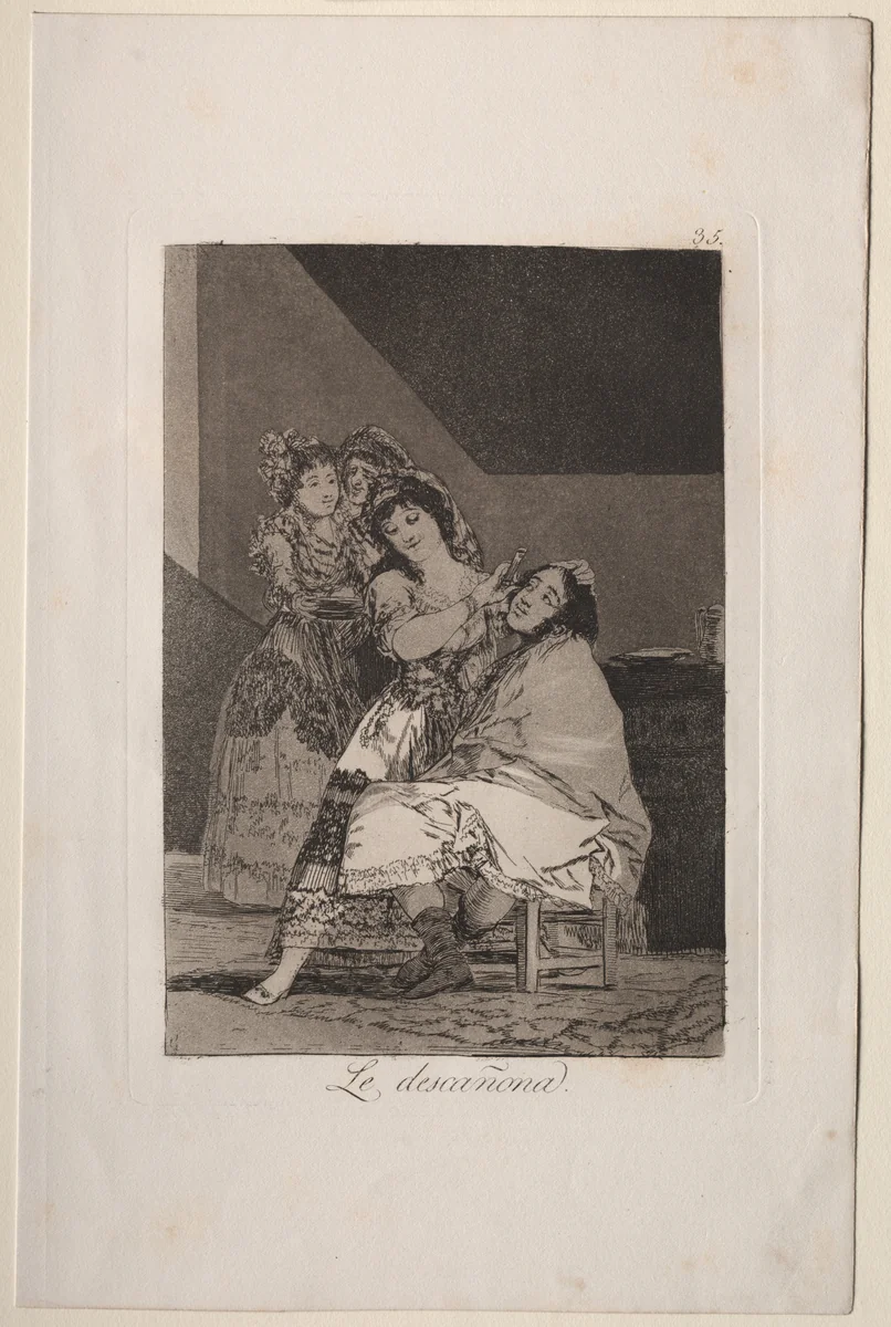 She Fleeces Him, Plate 35 by Francisco de Goya, print, 1799