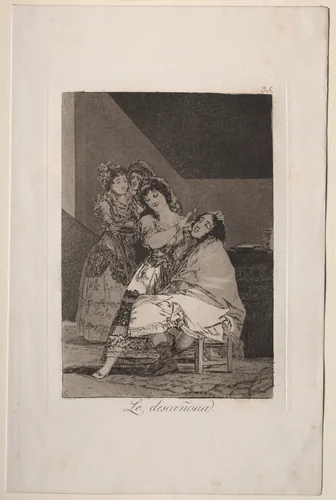 She Fleeces Him, Plate 35 by Francisco de Goya, print, 1799