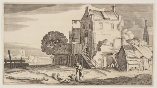 Three Figures in Conversation Near an Inn, from Landscapes (Playsante Lantschappen) by Claes Jansz. Visscher II, print, 1641