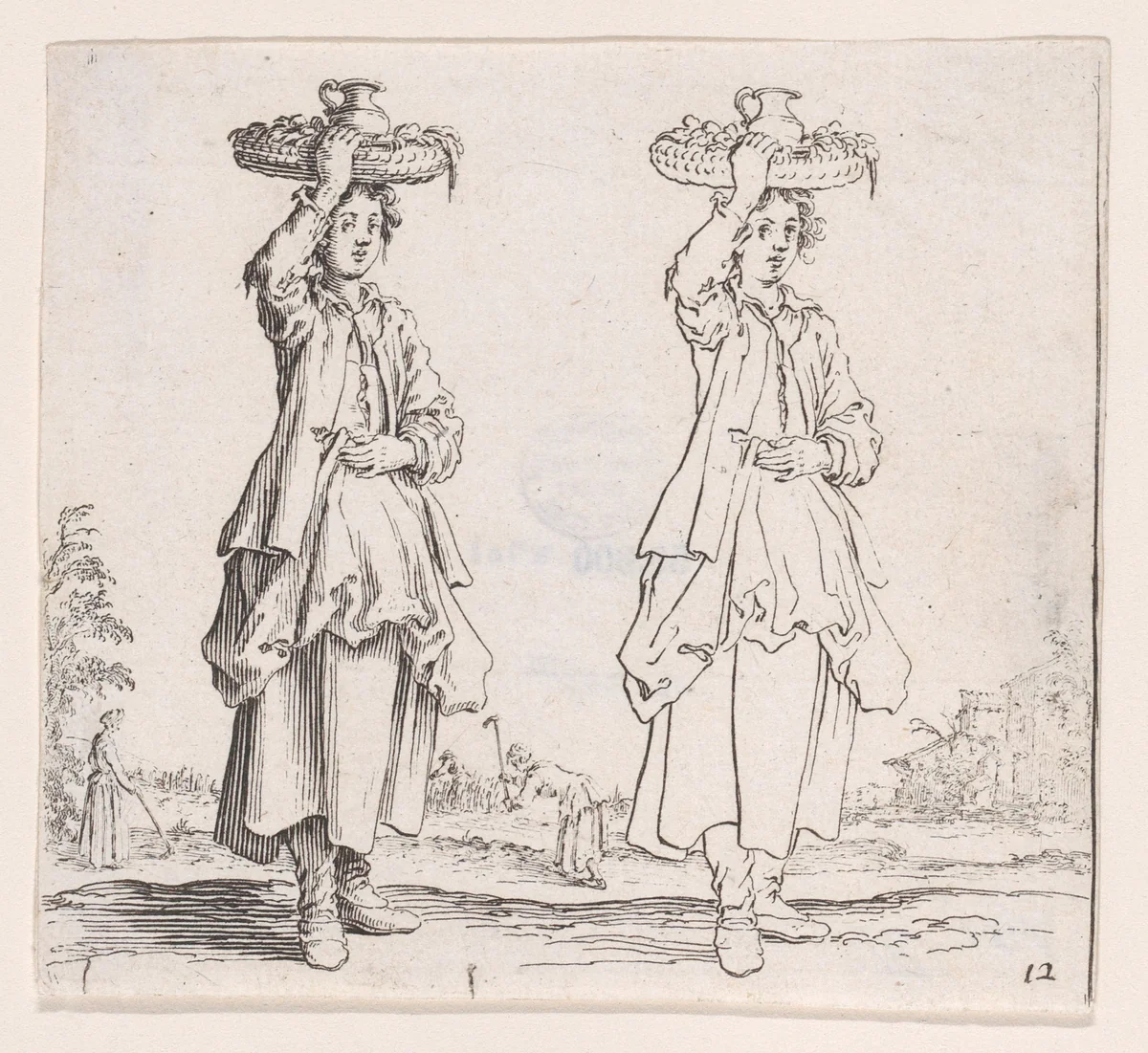 La Paysanne Vue de Face, Tenant un Panier sur sa Tête (The Peasant Woman Viewed from the Front with a Basket on her Head), plate 12 from "Varie Figure" (Various Figures) by Jacques Callot, print, 1615-1625