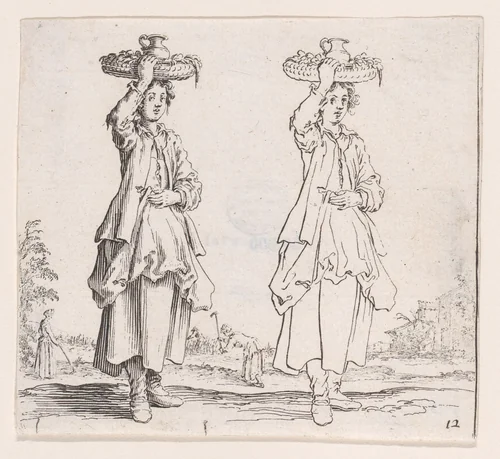 La Paysanne Vue de Face, Tenant un Panier sur sa Tête (The Peasant Woman Viewed from the Front with a Basket on her Head), plate 12 from "Varie Figure" (Various Figures) by Jacques Callot, print, 1615-1625
