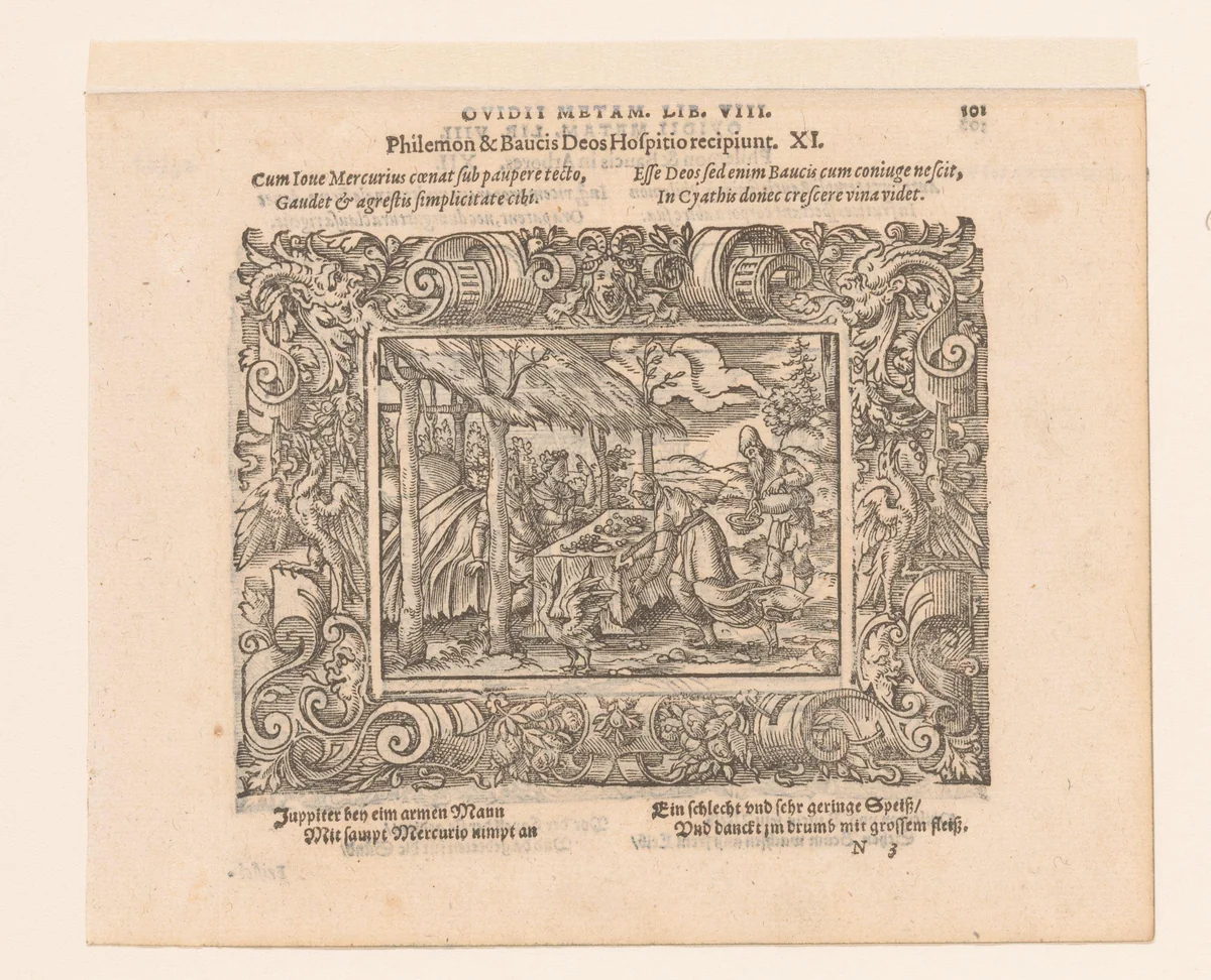 Jupiter en Mercurius in het huis van Philemon en Baucis by Virgilius Solis, print, 1569